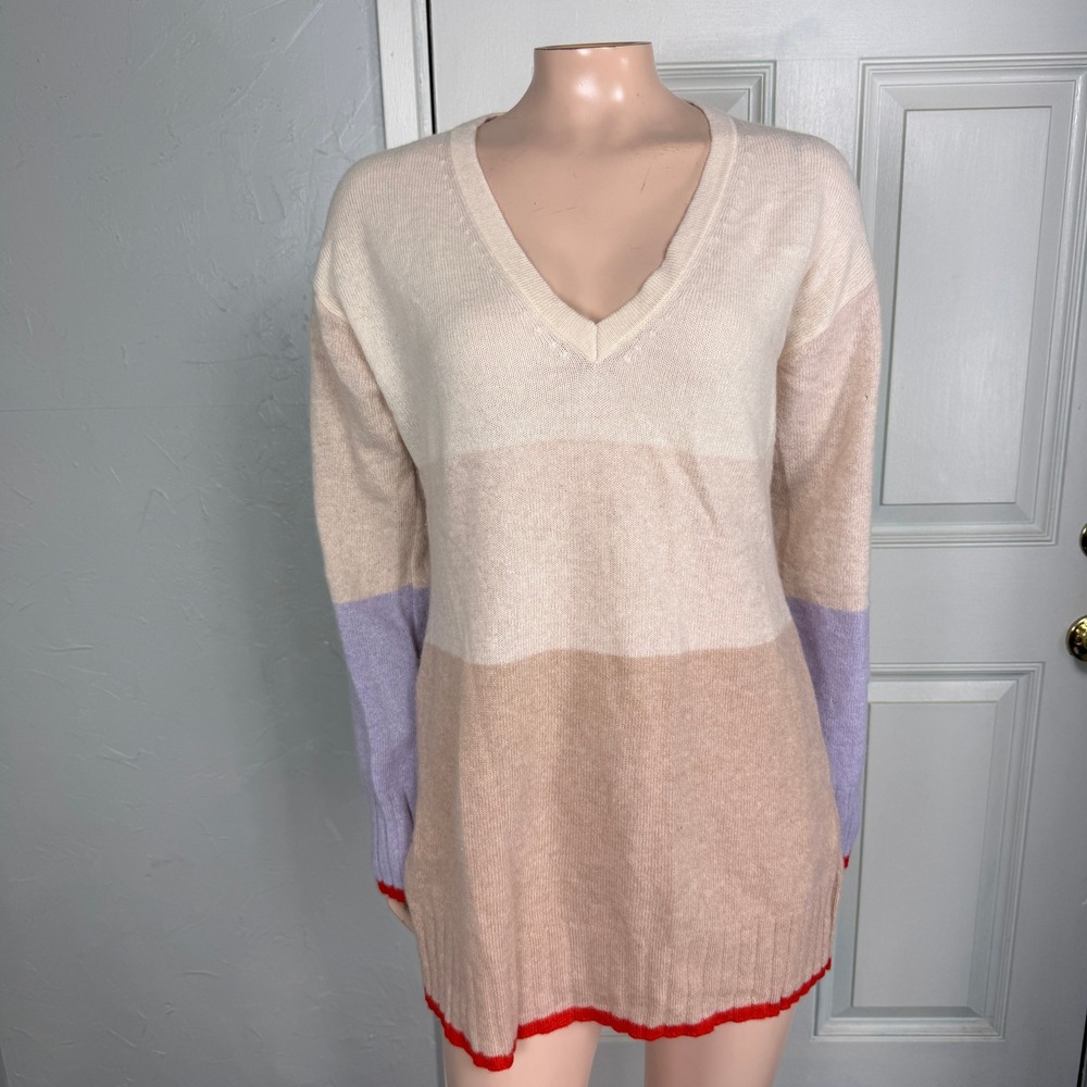 By Anthropologie Women's Sweater L Cashmere Pullover L/S V-neck colorblock T23